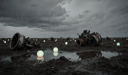 In a desolate field, remnants of old machinery lie scattered, surrounded by glowing orbs. Dark...
