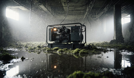 In a dimly lit warehouse, a lone generator stands surrounded by water and overgrown moss. Shadows...