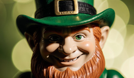 Brightly colored leprechaun doll grins with mischief wearing a green hat labeled lucky. The background features soft, blurred lights, adding a festive touch. Perfect for St. Patrick's Day decor.の写真素材