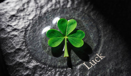 A vibrant four-leaf clover sits on a smooth dark stone, reflecting light softly. The word Luck is...