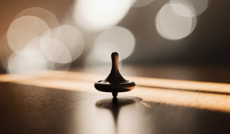 A single wooden spinning top twirls gracefully on a smooth surface, illuminated by soft golden...