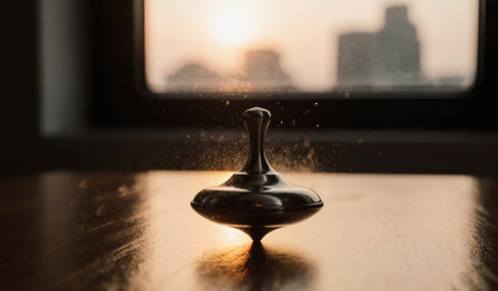 A shiny spinning top stands on a wooden table, illuminated by the warm glow of the sunset. The city skyline is visible through a nearby window, creating a serene atmosphere.の写真素材