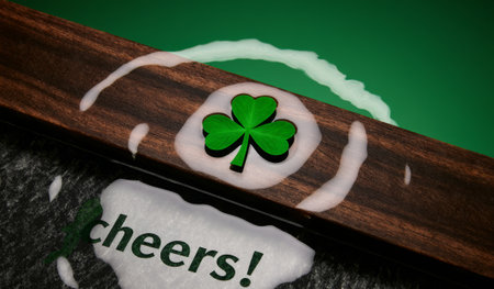 Glasses clink together in a toast, with a green clover symbolizing good luck. Friends gather around...