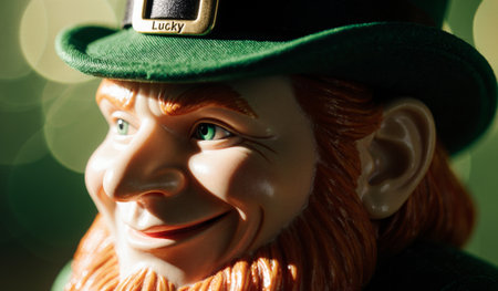 This delightful leprechaun figure smiles brightly, surrounded by soft green light. It captures the festive spirit of springtime celebrations and the joy of luck. Perfect for St. Patrick's Day.の写真素材