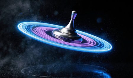 A metallic top spins rapidly, surrounded by vibrant blue and purple light rings. The scene captures...