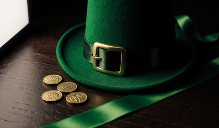 A green felt leprechaun hat rests on a dark wooden surface beside shiny gold coins. A rich green...