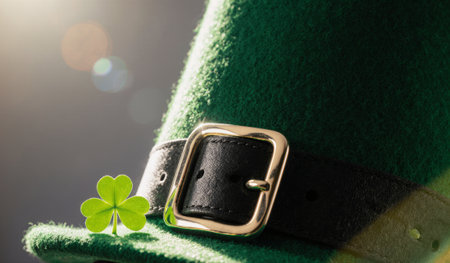 Bright green hat with a shiny buckle showcases a small clover, symbolizing good fortune. Perfect for celebrations or events filled with joy, cheer, and tradition.の写真素材