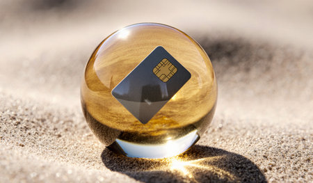 A bright crystal orb rests on soft, golden sand under warm sunlight. The smooth surface reflects...
