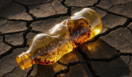 A plastic bottle lies abandoned on dry, cracked soil, highlighting the issue of pollution and...