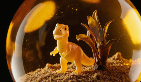 A cheerful yellow dinosaur stands proudly among golden sand, with a small plant by its side, all safely encased in a glass dome, capturing a whimsical moment of playfulness.の写真素材