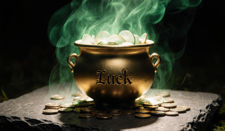 A golden pot of luck sits on a dark stone, adorned with shimmering coins. Mysterious smoke rises, creating an enchanting atmosphere under the night sky, inviting dreams of prosperity.の写真素材