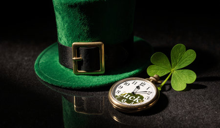 A vibrant green hat rests beside a vintage pocket watch and a fresh clover leaf, symbolizing luck in...