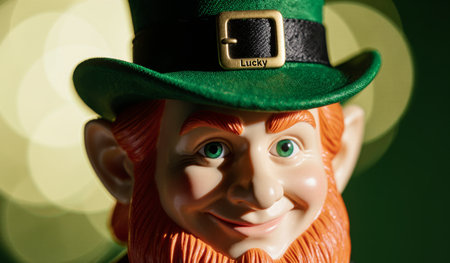 A cheerful leprechaun doll wearing a green hat smiles brightly, embodying the joy of St. Patrick's Day. It captures the essence of celebration, luck, and Irish culture with vibrant colors.の写真素材