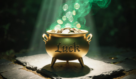 A golden pot adorned with the word Luck overflows with shimmering coins. Ethereal green mist swirls around, creating an enchanting atmosphere. The scene is set in a shadowy space, enhancing the magic.の写真素材