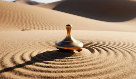A gleaming golden spinner twirls atop gentle sand dunes, creating playful ripples in the smooth surface. Bright sunlight casts soft shadows, enchanting the tranquil desert landscape.の写真素材