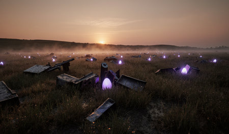 In a tranquil landscape at dawn, glowing purple orbs rise from the grass amidst scattered debris....