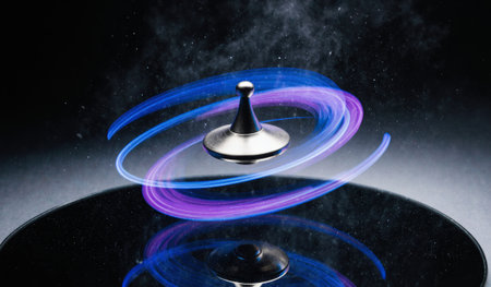 A metallic spinning top twirls gracefully above a shiny surface, leaving behind colorful trails of purple and blue light. The dark background emphasizes the dynamic movement and artistry.の写真素材