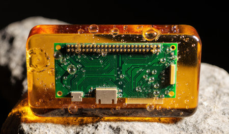 A complex green circuit board is preserved in clear amber resin, catching the light and revealing tiny bubbles inside. The contrast between technology and nature creates a stunning visual.の写真素材