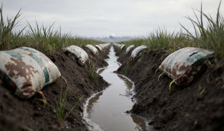 Water flows between rows of crops, while bags line the edges, showcasing irrigation techniques for...