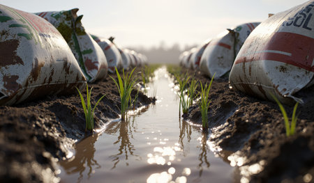 Young rice plants emerge from the soil in a flooded field, with bags lined along the rows in early morning light.の写真素材