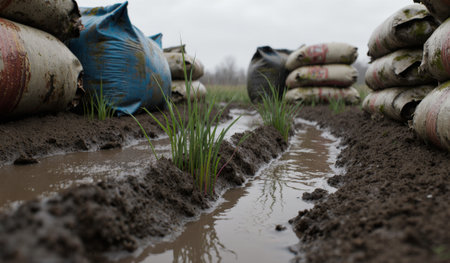 Small green rice shoots grow in water-filled furrows surrounded by stacked bags in a muddy field on a cloudy day.の写真素材