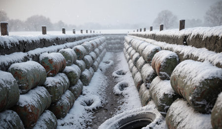 Snow blankets a storage area filled with rolled materials.の写真素材