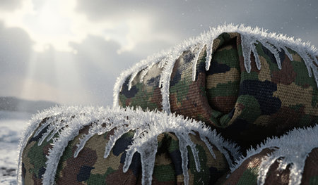 Military supplies sit frost-covered under bright sunlight in a cold, wintry landscape, highlighting the harsh weather conditions.の写真素材