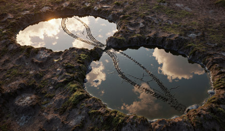 Tire tracks form shapes in puddles, capturing the colorful sunset and clouds above, creating a tranquil outdoor scene.の写真素材