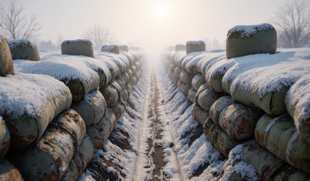 Snow blankets stone barriers in a serene, quiet landscape during a cold winter day, with soft sunlight illuminating the scene.の写真素材
