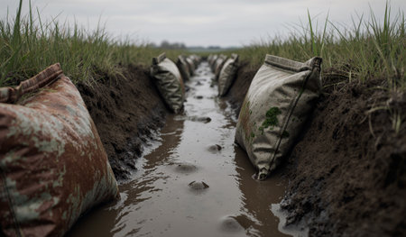 Muddy water flows through trenches lined with bags in a grassy field on a cloudy day, showing agricultural activity.の写真素材