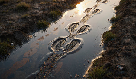 Footprints lead through shallow water in a muddy area, with the sun setting in the background,...