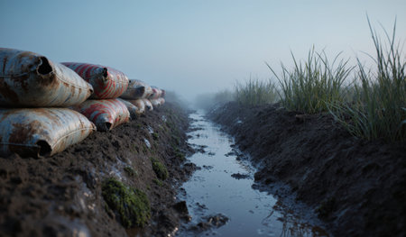 Sandbags rest along a muddy ditch surrounded by grass in the early morning fog, creating a calm yet mysterious setting.の写真素材