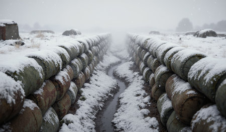 Snow covers the ground and trenches, creating a quiet scene in a remote area on a cold winter...