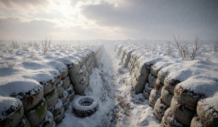 Snow covers the ground while squeezed trenches line the landscape under a moody sky, creating a stark winter scene.の写真素材