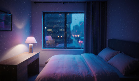 A warm, inviting bedroom features a soft bed and a lamp, with rain falling outside the large window over a bustling city.の写真素材