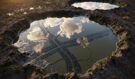 Water-filled depressions show clouds reflecting above, with tire tracks imprinted on the ground during golden hour.の写真素材