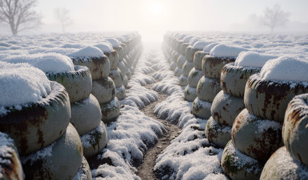 Rows of tires covered in snow line a field as the sun rises, casting a soft glow over the winter landscape.の写真素材