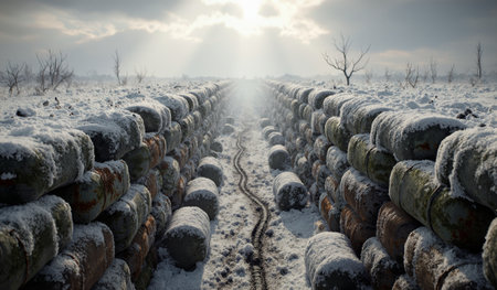 A snowy battlefield path of sandbags stretches ahead, illuminated by soft sunlight breaking through...