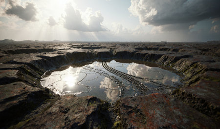 Tire marks are visible in a small pool of water reflecting clouds at dawn in a rocky, barren...