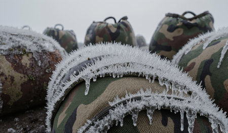 Frozen military bags sit on the ground, showcasing frost and icy details in a cold, winter environment.の写真素材