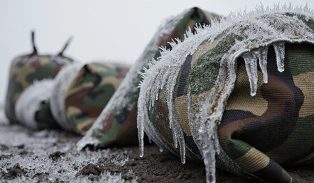 Resilient sandbags covered in ice stand firm on a cold battlefield as winter snow blankets the ground during early morning.の写真素材