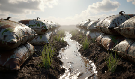 Sandbags are arranged neatly along a narrow waterway in a field during daylight, with clouds scattered in the sky.の写真素材