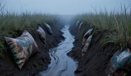 A muddy trench runs through a foggy field, lined with sandbags and tall grass, creating a somber and...