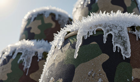 Ice hangs from camouflage containers in a cold winter landscape, highlighting the effects of low...
