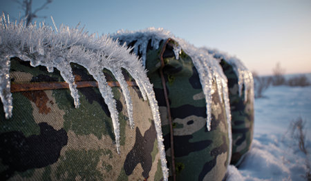 Camouflage bags covered with ice and frost sit on a snowy ground during a cold winter day in a remote area.の写真素材