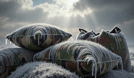 Frost-covered survival gear rests on the ground under a cloudy sky, capturing the stillness of a...
