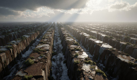 Water flows through long stone channels under a cloudy sky, creating a striking visual contrast in this natural setting.の写真素材