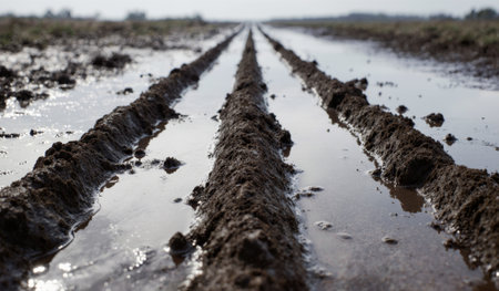 Deep tracks mark the wet soil of a field after recent rain, showing signs of agricultural activity in a rural landscape.の写真素材