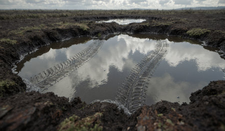 Tire tracks create patterns in wet mud, reflecting clouds and sky above in a rural area after rain.