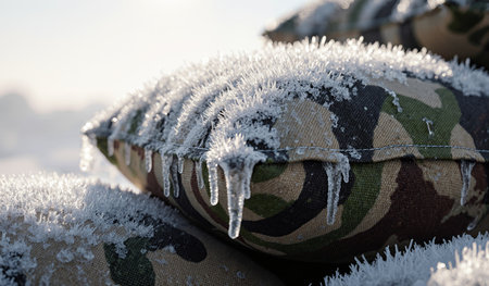 Frost-covered cushions sit outdoors in a cold winter setting, showcasing intricate ice formations in the morning light.の写真素材